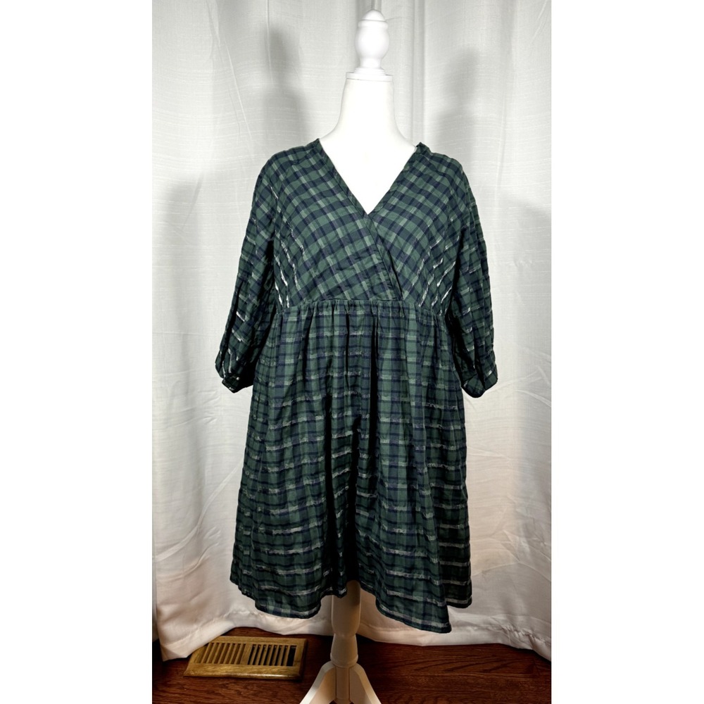 Madewell NWT Marianna Puff Sleeve Mini Dress Forest Green Plaid Size S
